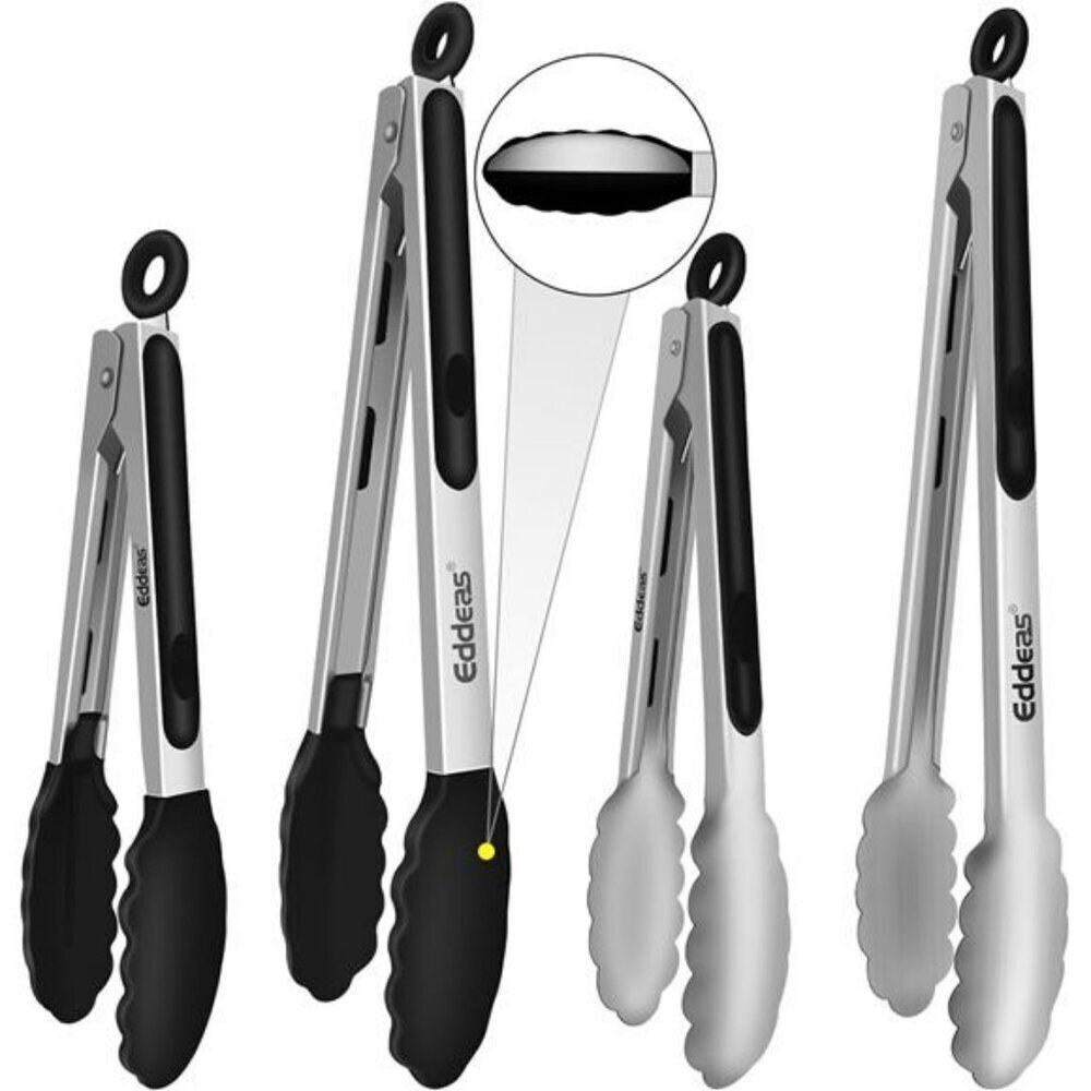 Stainless Steel Locking Tongs Set Silicone Tip Nonstick Heat Resistant 4 Pack